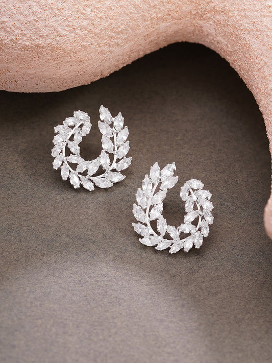 【Rubans】 Rhodium Plated Crystal Leaf Wreath Stud Earrings｜ロジウムメッキ クリスタル リーフリース スタッドイヤリング