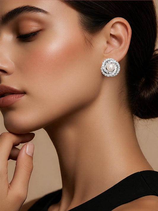 【Rubans】 Rhodium Plated Pearl Halo Spiral Stud Earrings｜ロジウムメッキ パールヘイロー スパイラル スタッドイヤリング