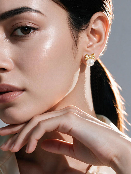 【Rubans】Gold-Plated Bow Pearl Stud Earrings｜ゴールドメッキ リボン パール スタッドピアス
