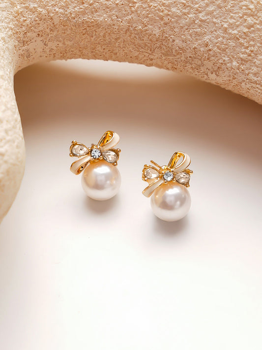 【Rubans】Gold-Plated Bow Pearl Stud Earrings｜ゴールドメッキ リボン パール スタッドピアス