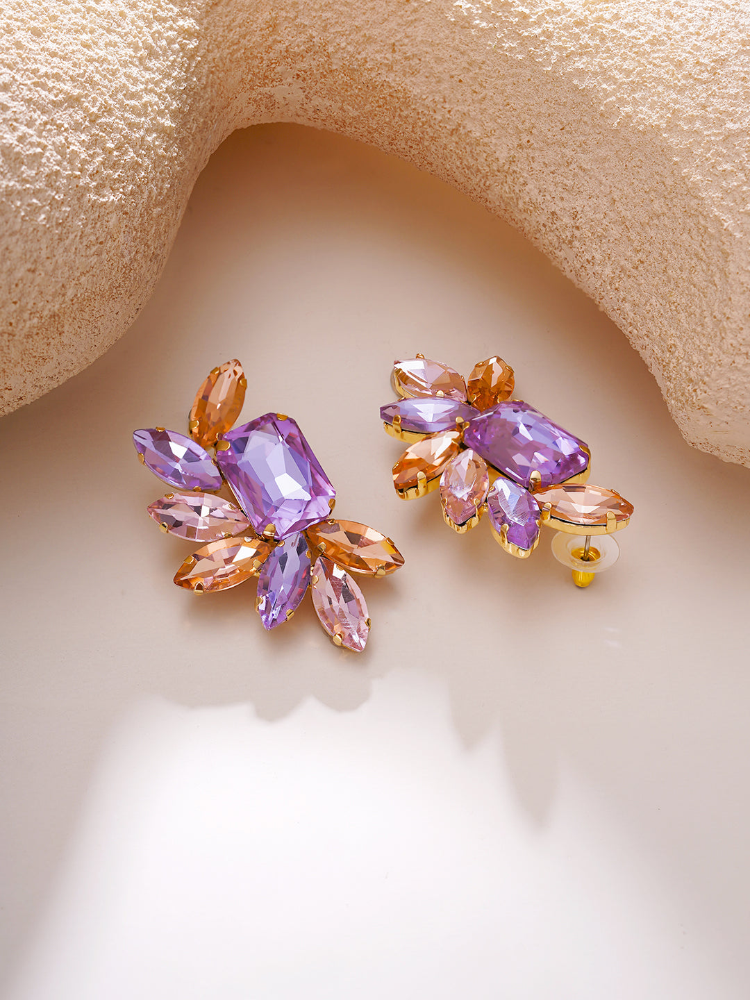 【Rubans】Gold Plated Peach Crystal Cluster Studs Earrings｜ゴールドメッキ ピーチ クリスタル クラスター スタッドピアス
