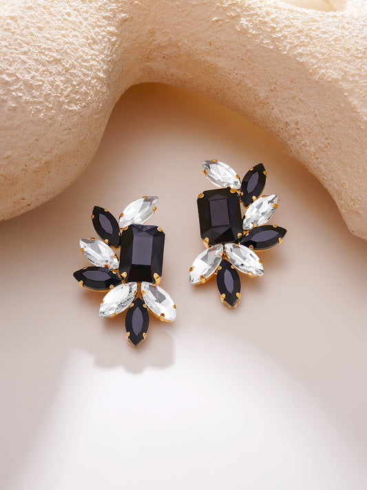 【Rubans】Gold Plated Black Onyx Crystal Stud Earrings｜ゴールドメッキ ブラックオニキス調 クリスタル スタッドピアス