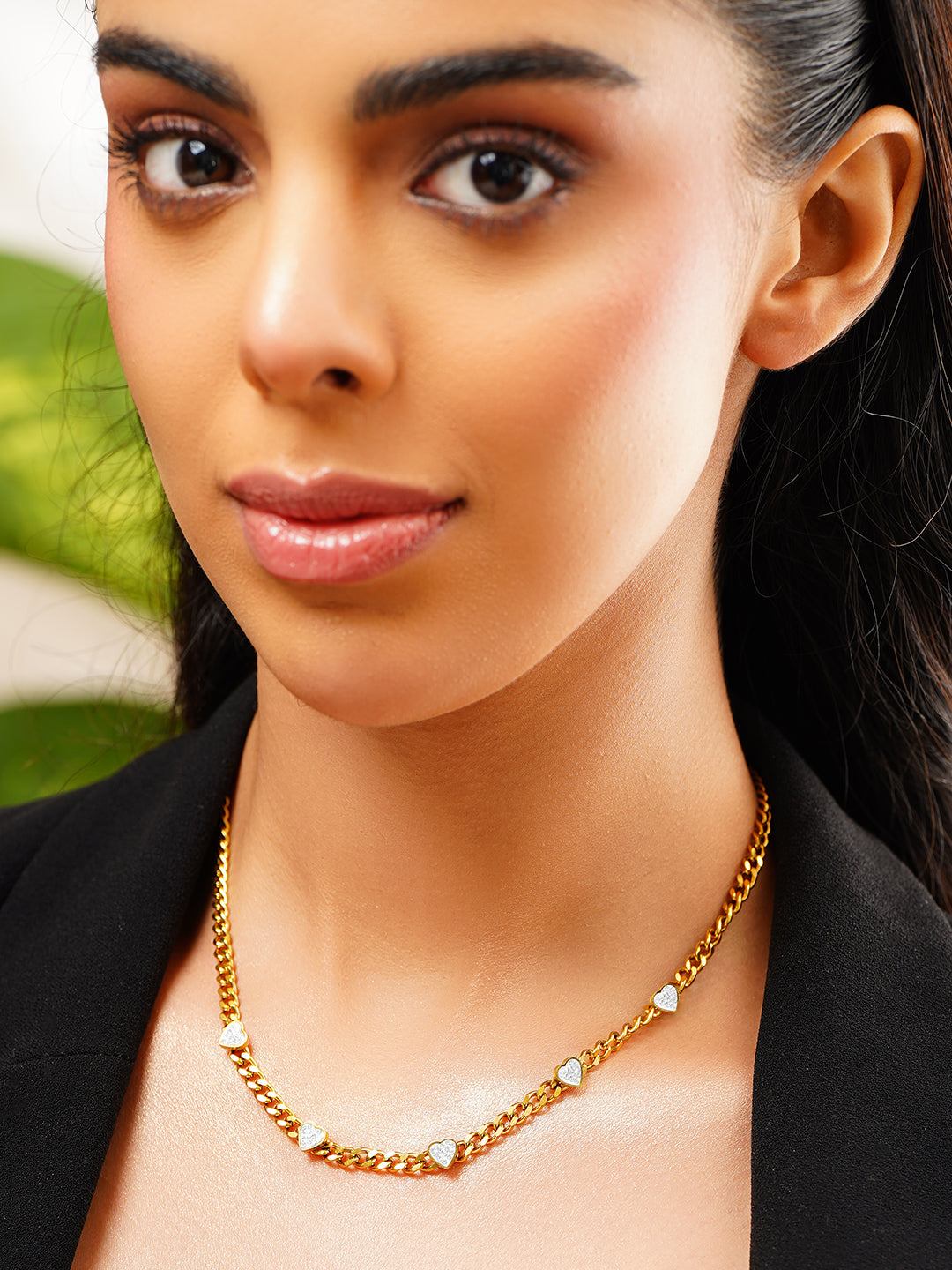 Demi Fine 18K Gold Plated Stainless Steel Heart Charm Cuban Chain Necklace フリーサイズ