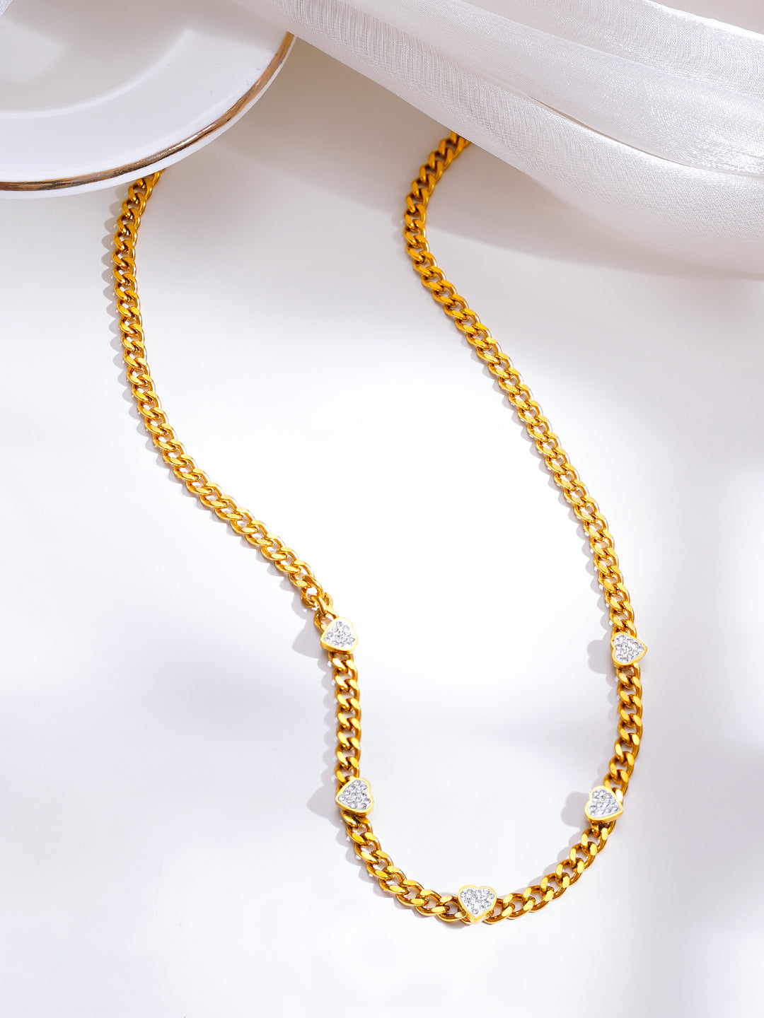 Demi Fine 18K Gold Plated Stainless Steel Heart Charm Cuban Chain Necklace フリーサイズ