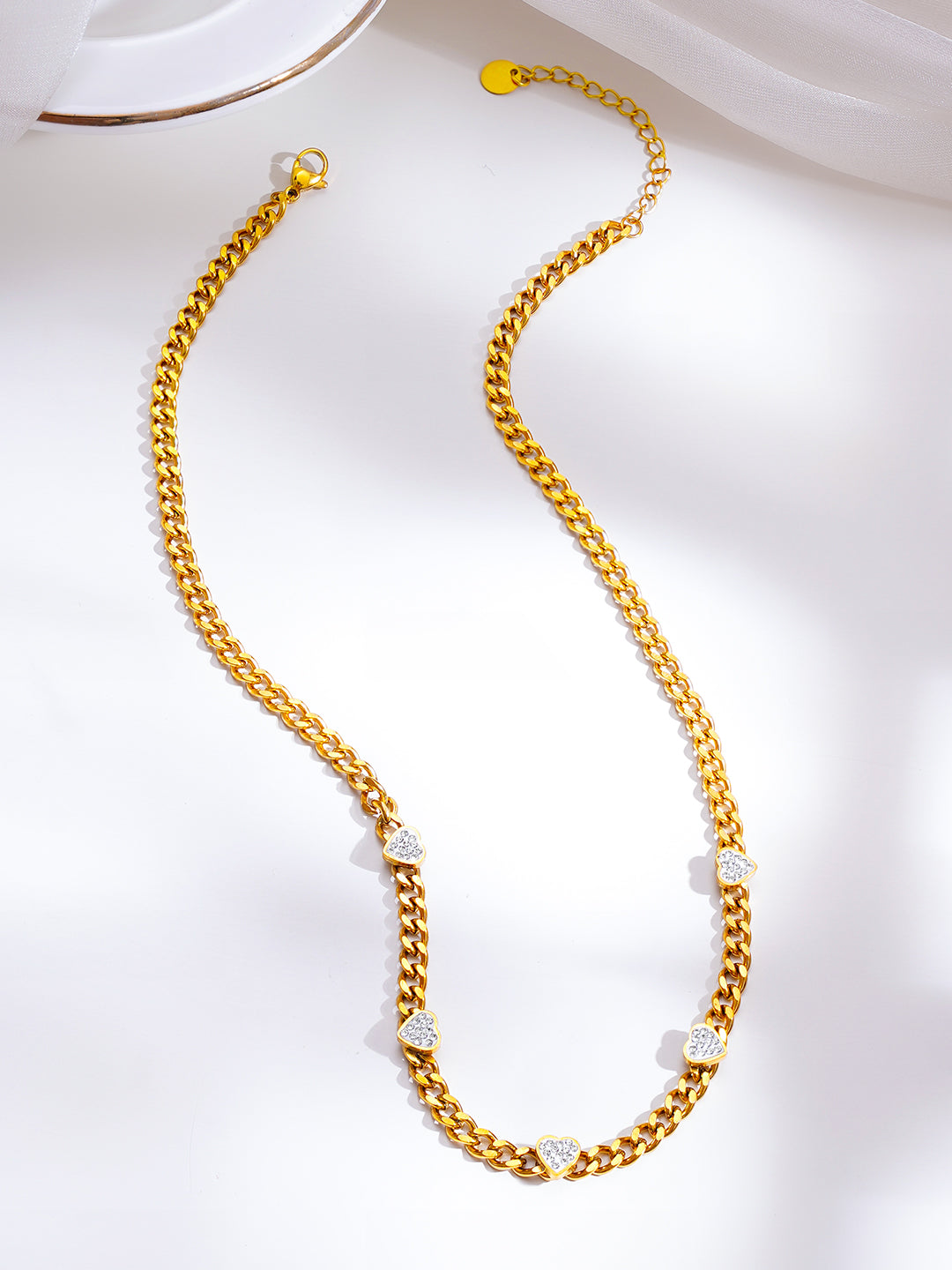Demi Fine 18K Gold Plated Stainless Steel Heart Charm Cuban Chain Necklace フリーサイズ