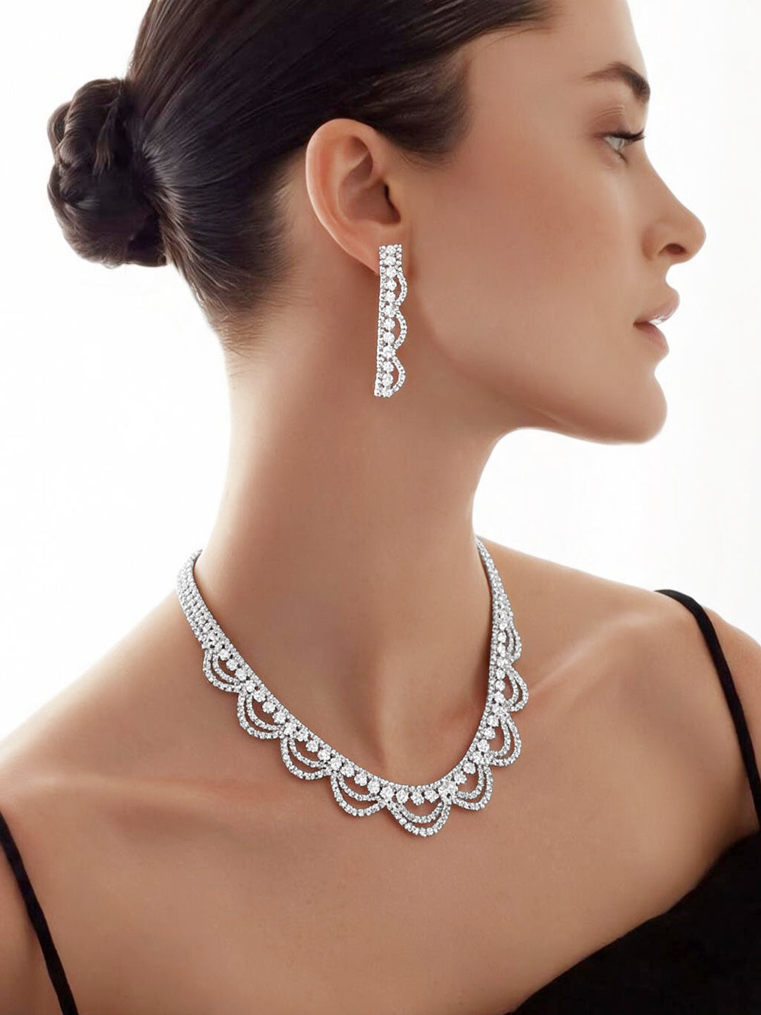 【Rubans】 Rhodium Plated Starlight Crystal Scallop Necklace Set｜ロジウムメッキ スターライト クリスタル スカラップ ネックレスセット