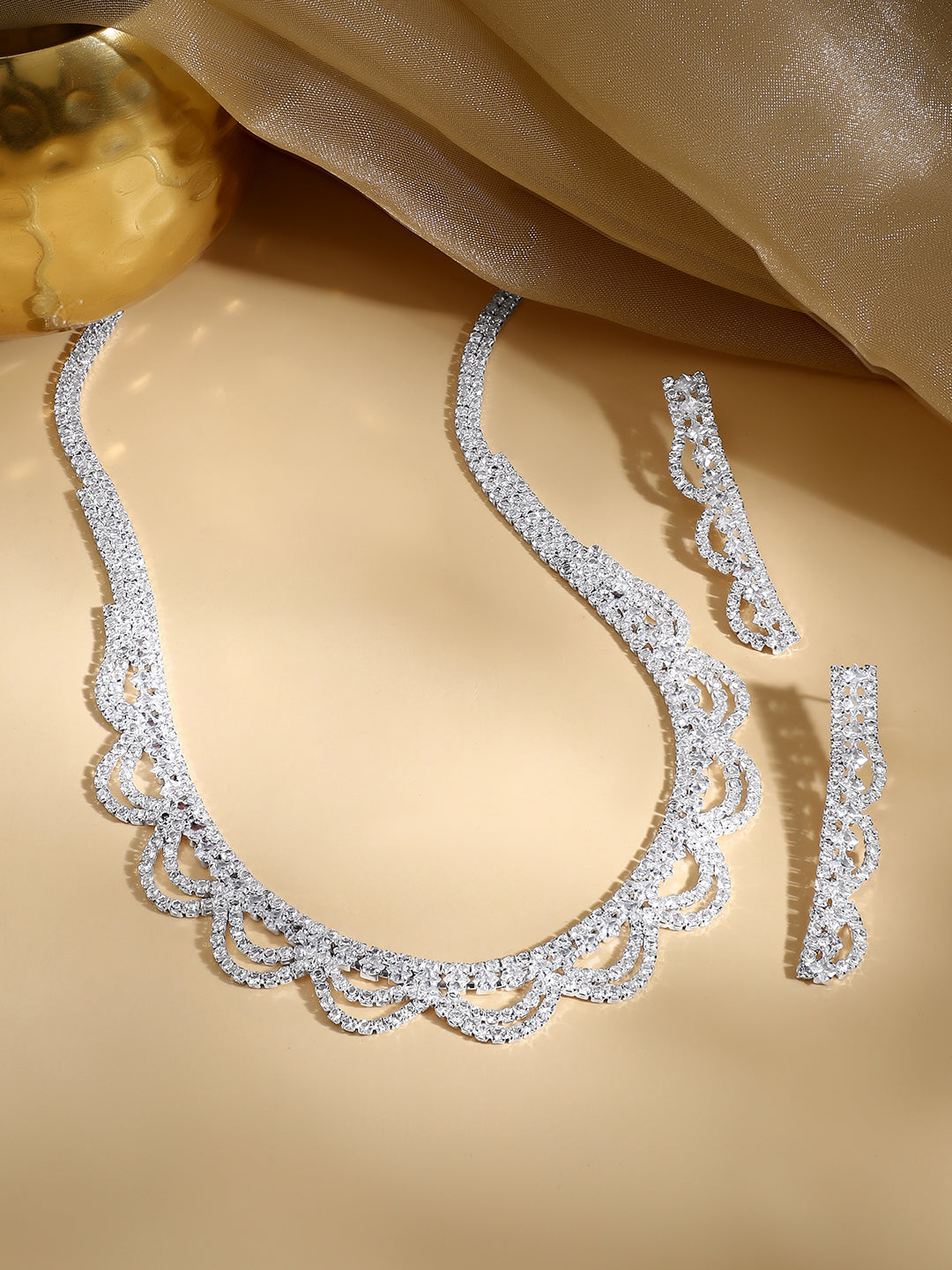 【Rubans】 Rhodium Plated Starlight Crystal Scallop Necklace Set｜ロジウムメッキ スターライト クリスタル スカラップ ネックレスセット