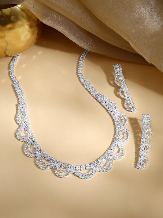 【Rubans】 Rhodium Plated Starlight Crystal Scallop Necklace Set｜ロジウムメッキ スターライト クリスタル スカラップ ネックレスセット