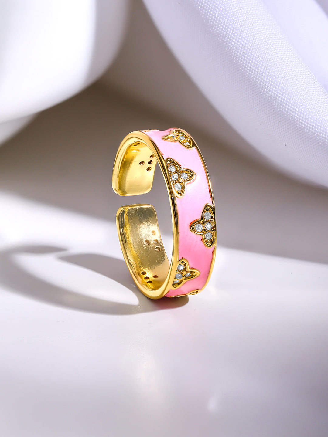 【Rubans】 Gold Plated Floral Design Enamel Pink Finger Ring｜ゴールドメッキ フローラル エナメル ピンク リング