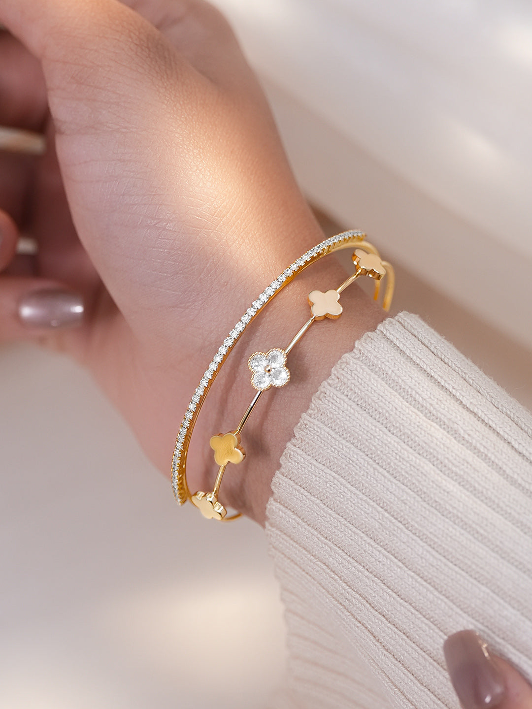 【Rubans】 Gold Plated Dual Layered Floral Bracelet｜ゴールドメッキ 2連 フローラル ブレスレット