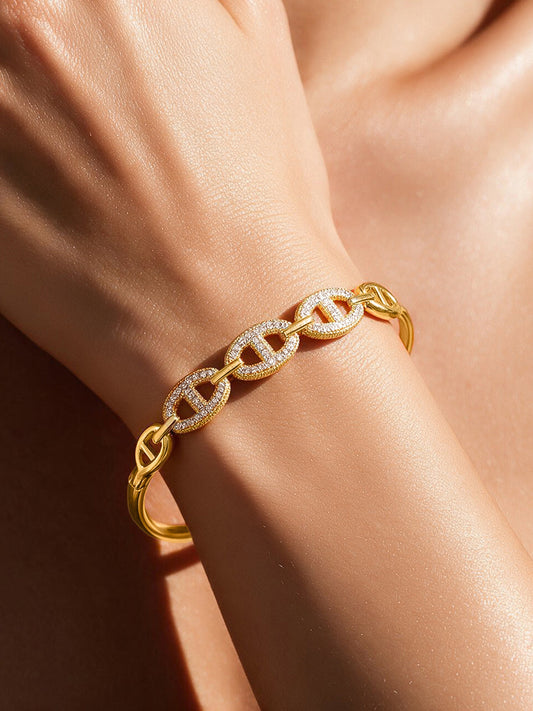 Gold Plated Chnky Chain Link American Diamond Zirconia Bracelet フリーサイズ