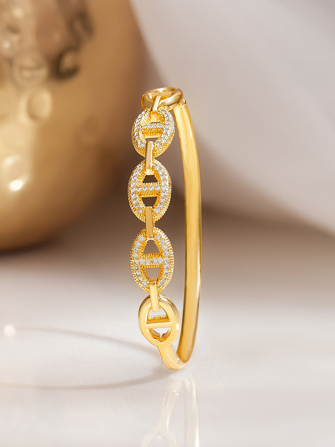 Gold Plated Chnky Chain Link American Diamond Zirconia Bracelet フリーサイズ