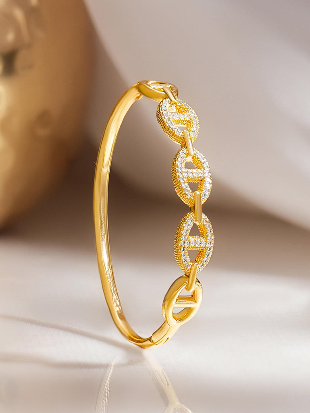 Gold Plated Chnky Chain Link American Diamond Zirconia Bracelet フリーサイズ