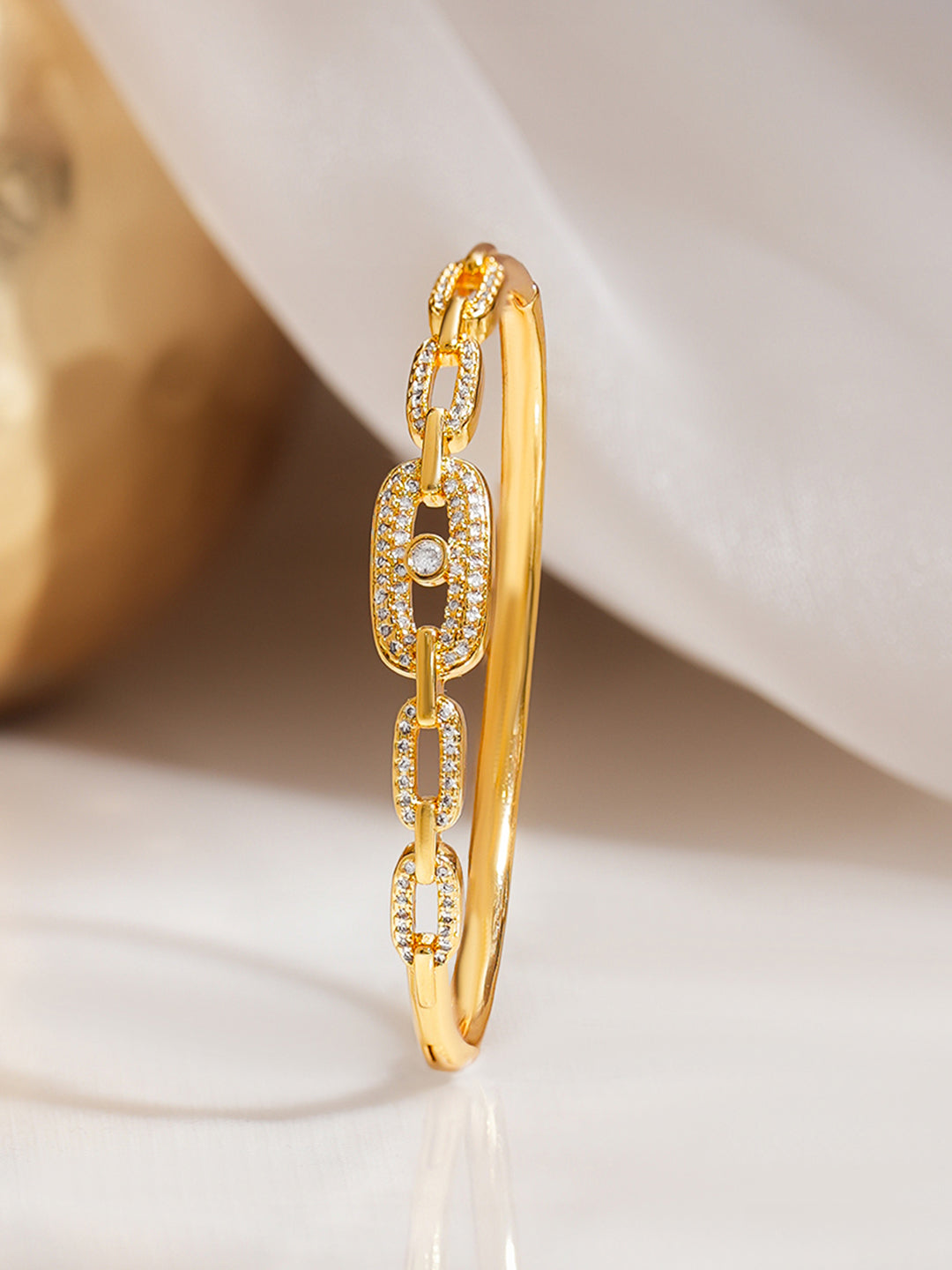 Gold Plated Chunky Chain Link American Diamond Zirconia Bracelet フリーサイズ