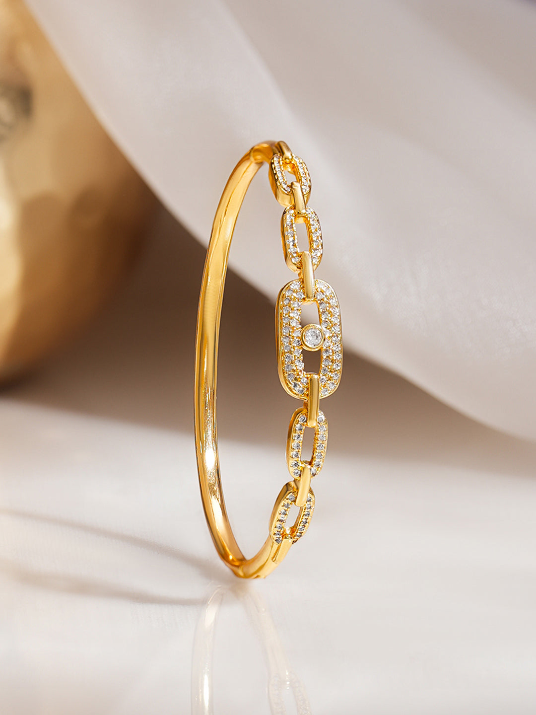 Gold Plated Chunky Chain Link American Diamond Zirconia Bracelet フリーサイズ