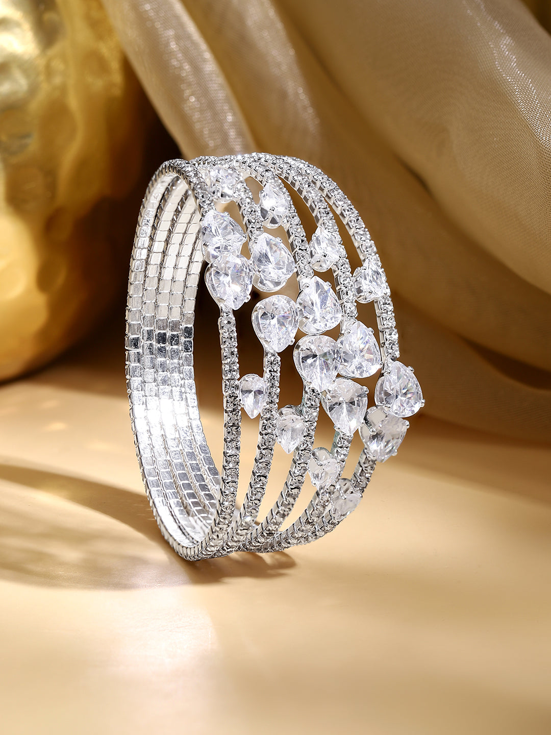 【Rubans】 Rhodium Plated Crystal Cascade Statement Bangle｜ロジウムメッキ クリスタル カスケード ステートメント バングル