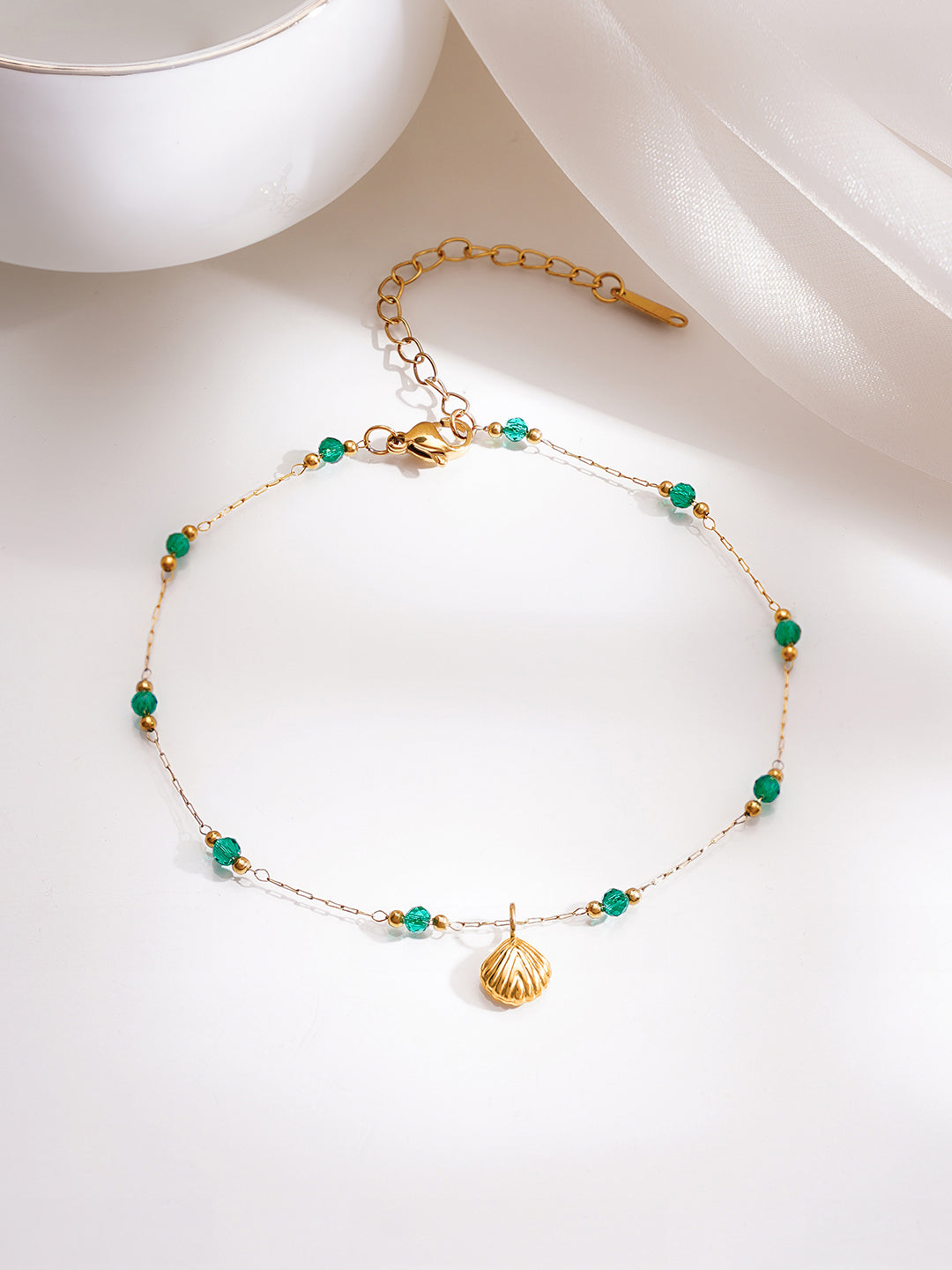 Demi Fine 18K Gold Plated Stainless steel Green Beaded Shell Charm Anklet フリーサイズ