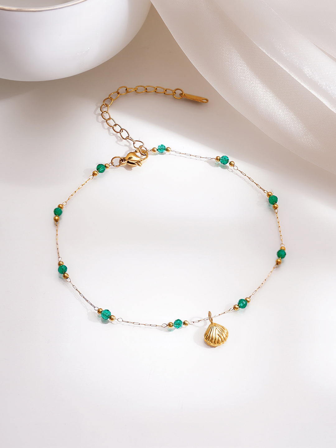 Demi Fine 18K Gold Plated Stainless steel Green Beaded Shell Charm Anklet フリーサイズ