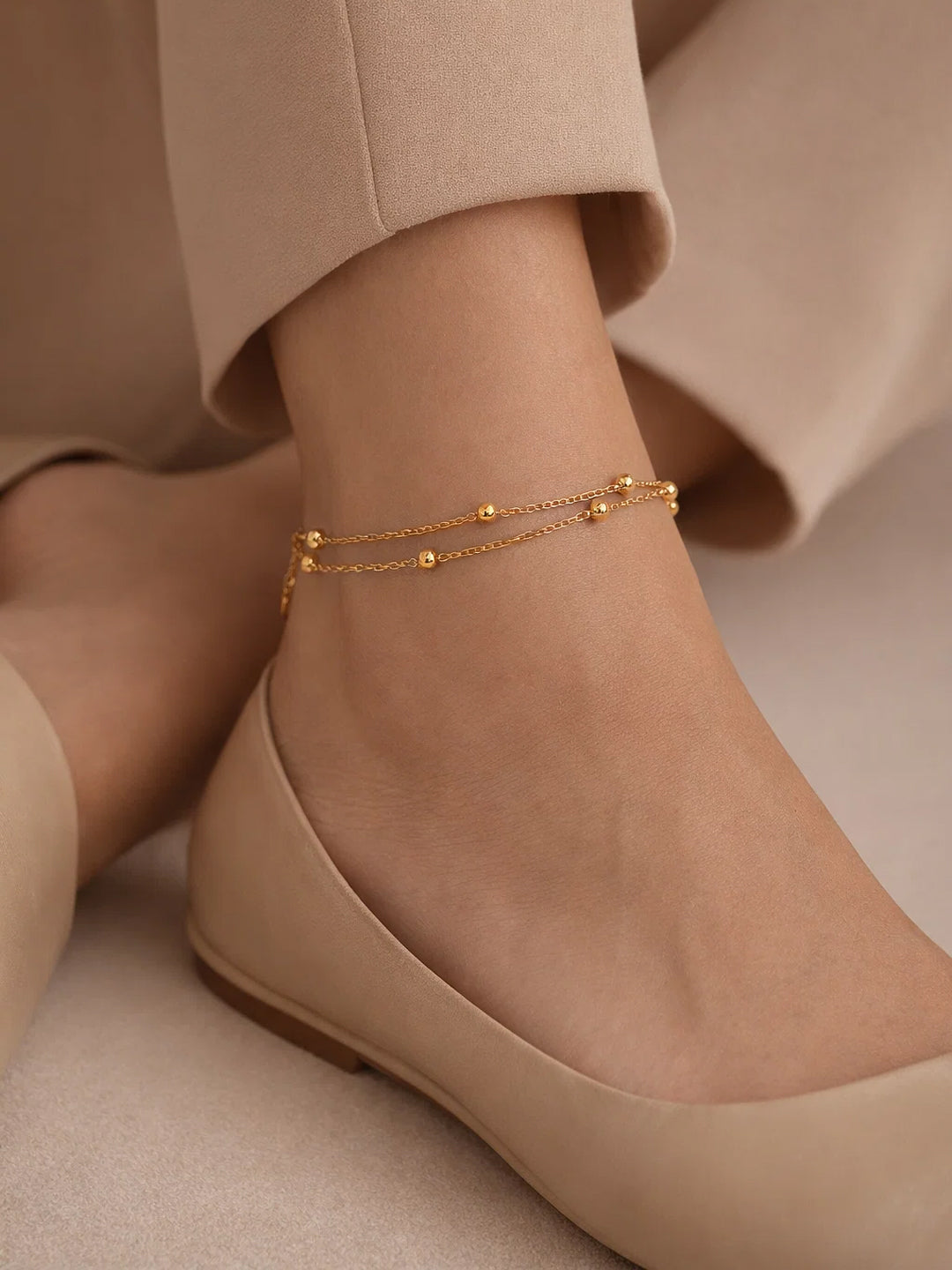 Demi Fine 18K Gold Plated Stainless steel Layered Chain Bead Detail Anklet Length - 20.5 cm