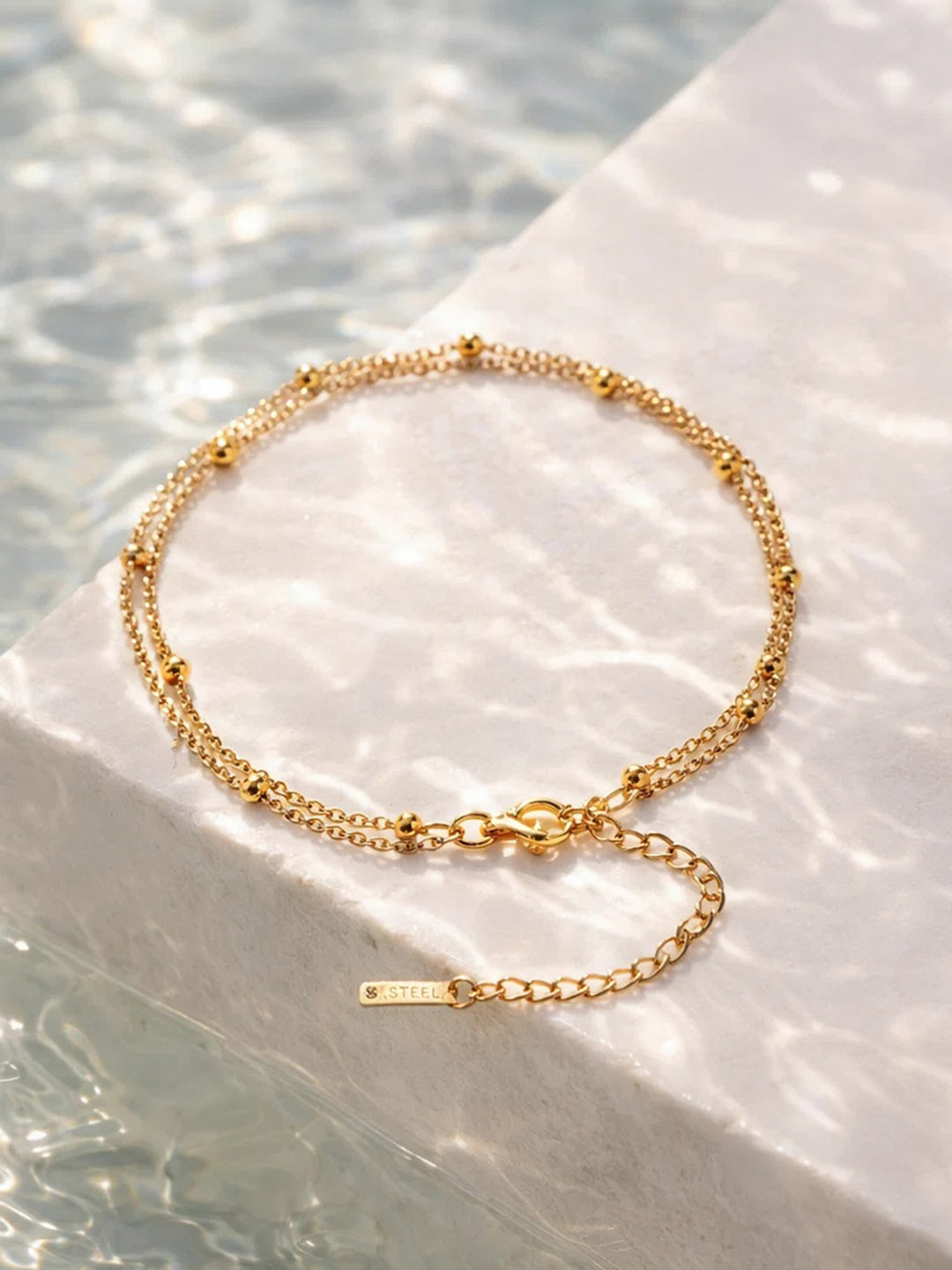Demi Fine 18K Gold Plated Stainless steel Layered Chain Bead Detail Anklet Length - 20.5 cm