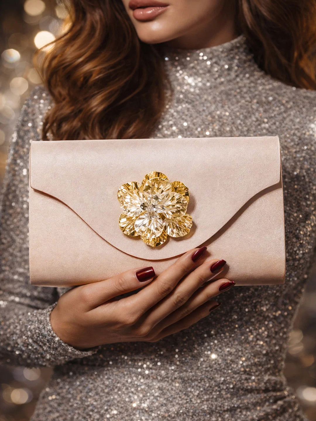 Gold Bloom Embellished Satin Clutch フリーサイズ