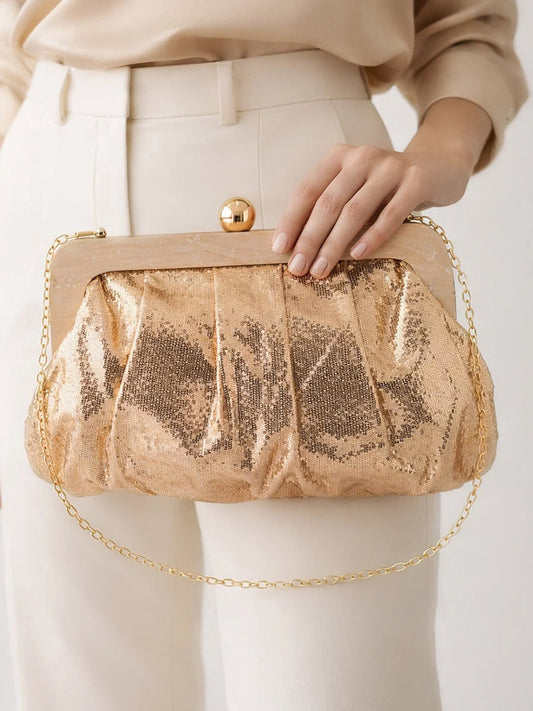Shimmer Gold Sequin Draped Frame Clutch フリーサイズ