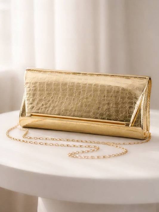 Metallic Gold Croc Chic Envelope Clutch フリーサイズ