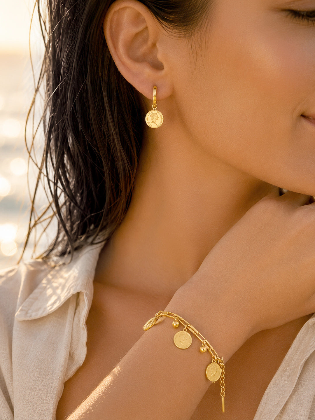 Demi Fine 18K Gold Plated Stainless Steel Coin Charm Bracelet & Drop Earrings Bracelet Length - 19 cm