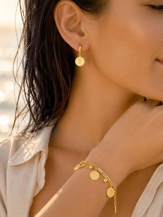 Demi Fine 18K Gold Plated Stainless Steel Coin Charm Bracelet & Drop Earrings Bracelet Length - 19 cm