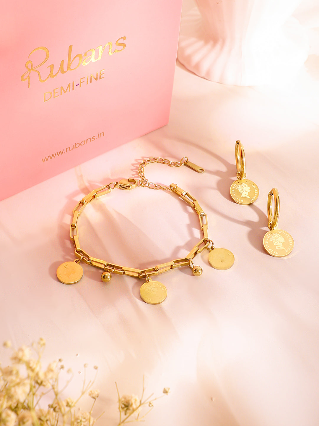 Demi Fine 18K Gold Plated Stainless Steel Coin Charm Bracelet & Drop Earrings Bracelet Length - 19 cm