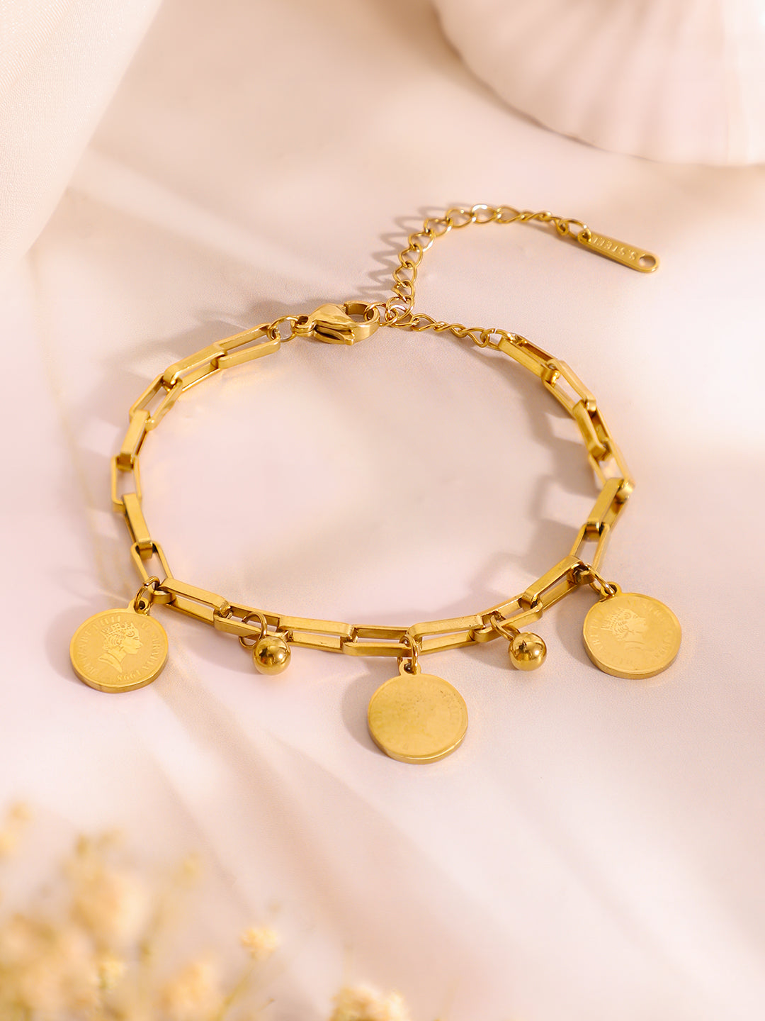 Demi Fine 18K Gold Plated Stainless Steel Coin Charm Bracelet & Drop Earrings Bracelet Length - 19 cm