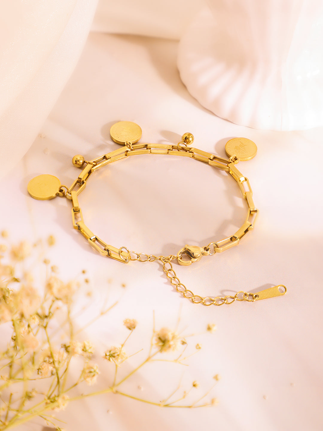 Demi Fine 18K Gold Plated Stainless Steel Coin Charm Bracelet & Drop Earrings Bracelet Length - 19 cm