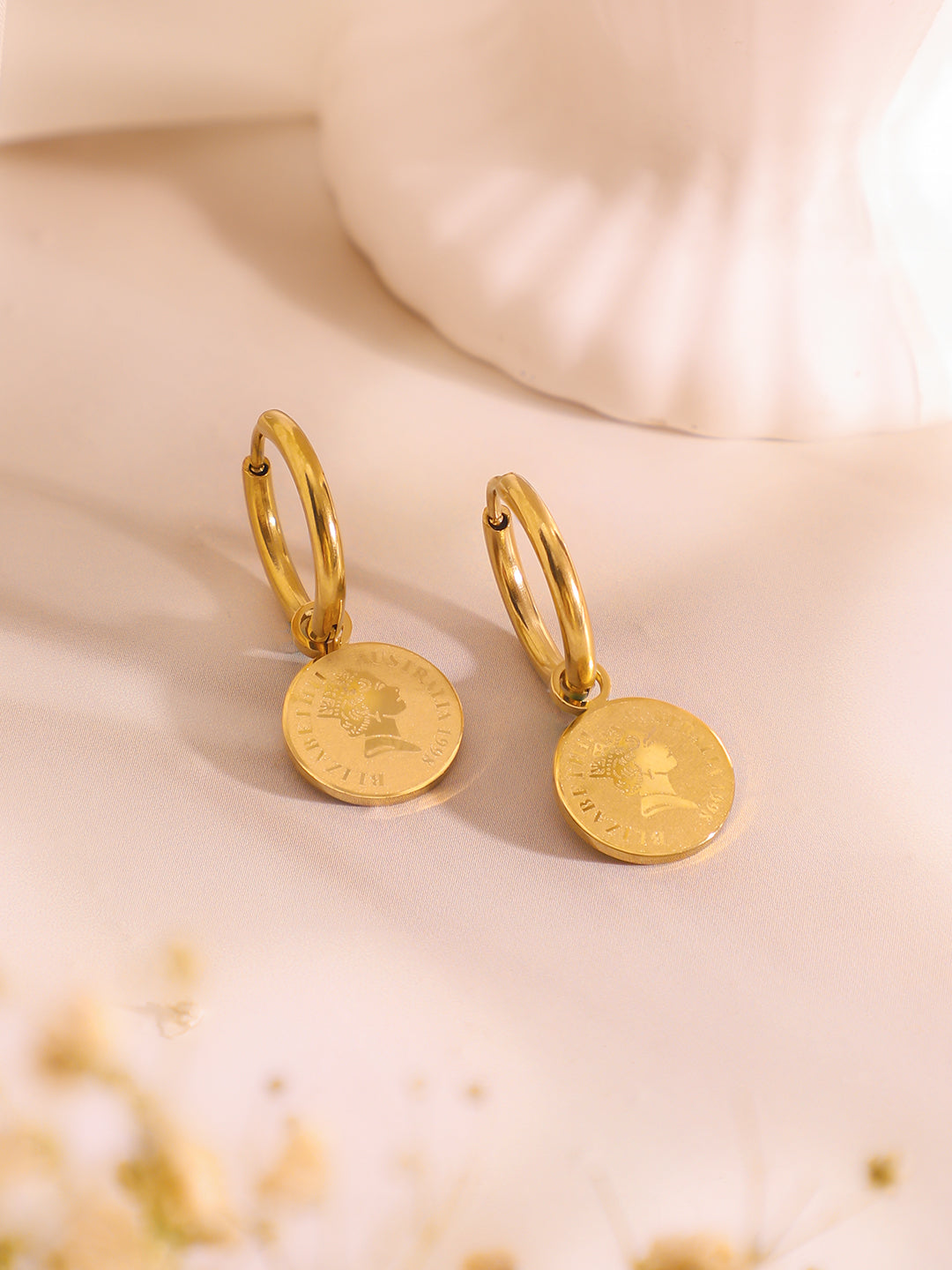 Demi Fine 18K Gold Plated Stainless Steel Coin Charm Bracelet & Drop Earrings Bracelet Length - 19 cm