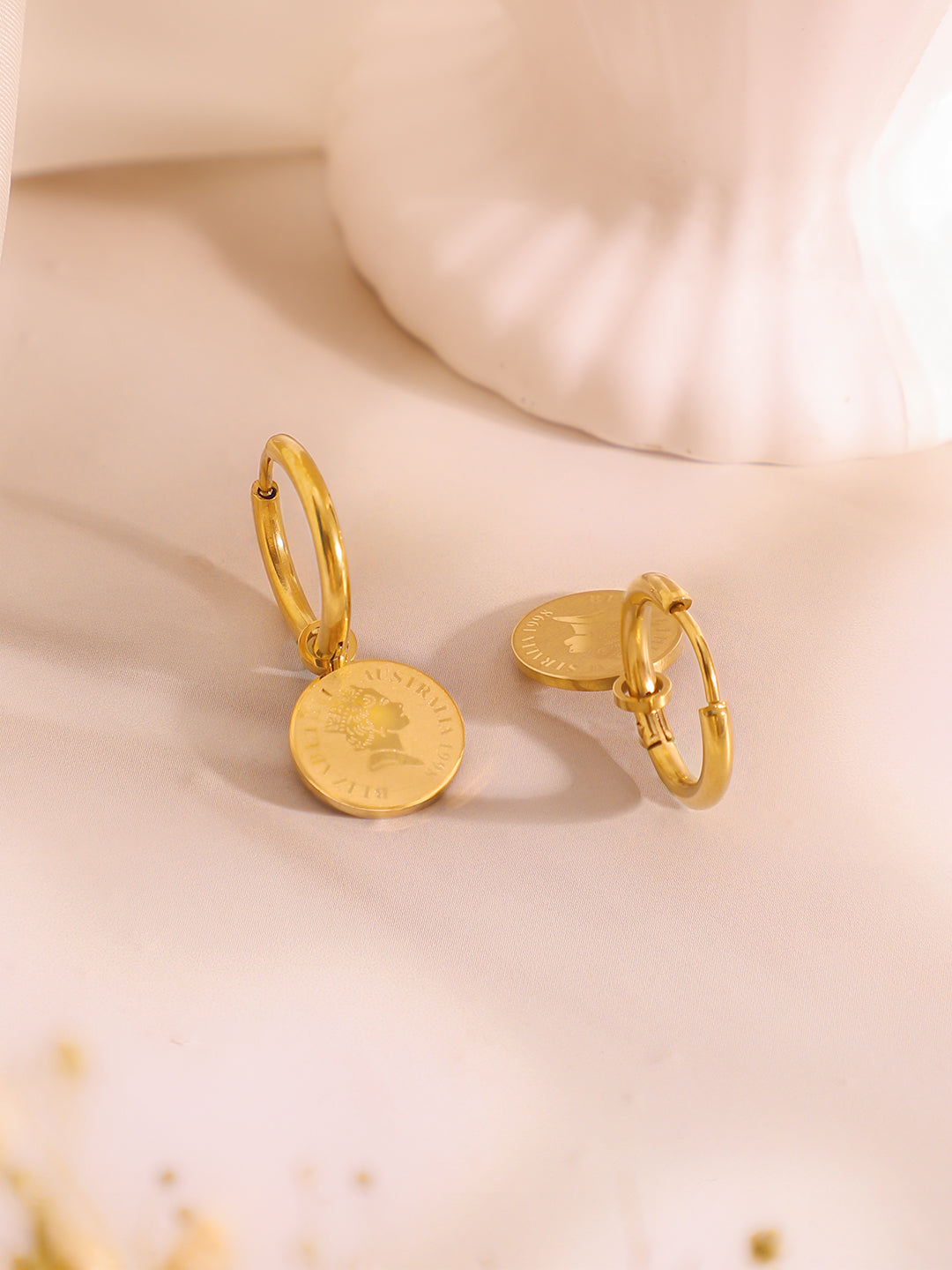 Demi Fine 18K Gold Plated Stainless Steel Coin Charm Bracelet & Drop Earrings Bracelet Length - 19 cm