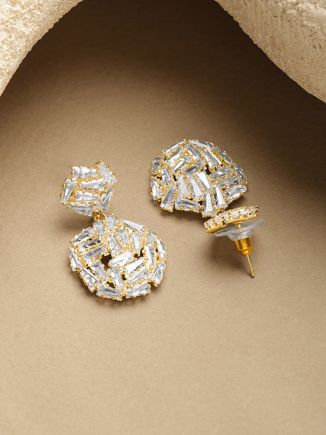 White Crystal Cut Gold Drop Earrings フリーサイズ