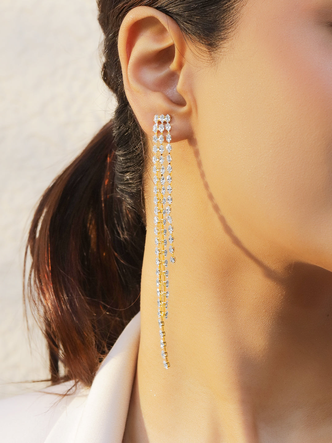 Crystal Studded Tassel Dangler Earrings フリーサイズ
