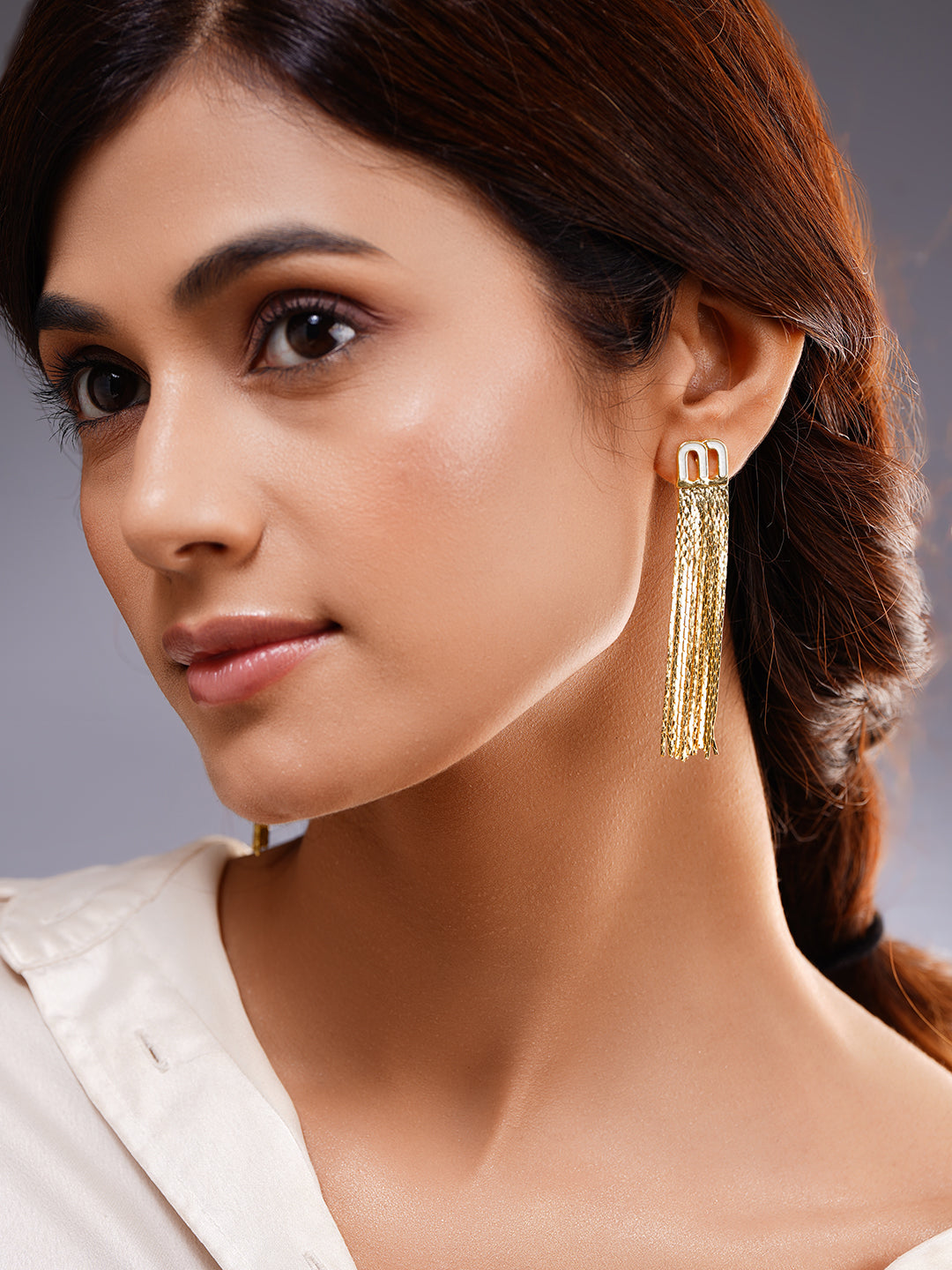 Gold Toned Tassel Chain Earrings フリーサイズ