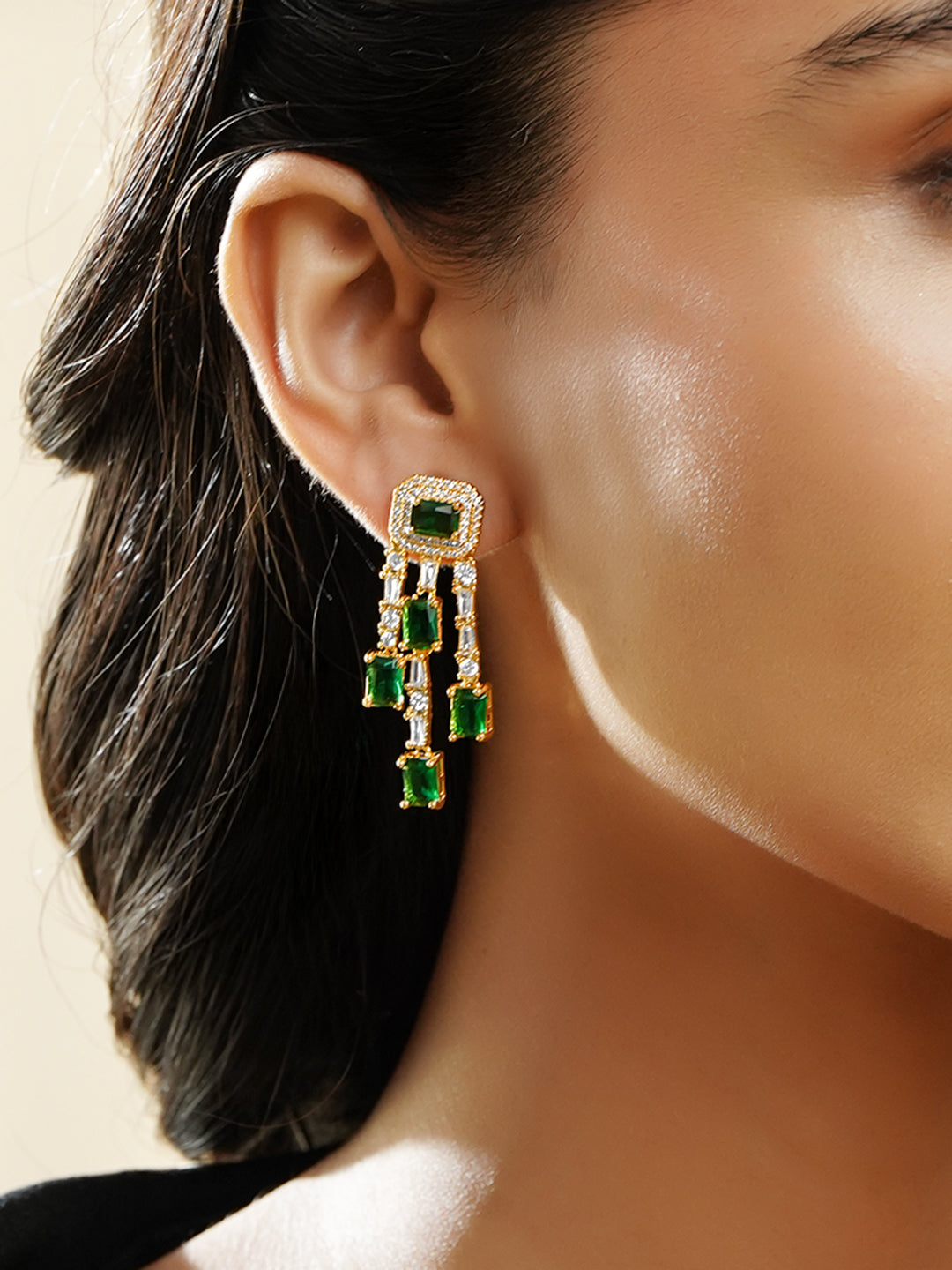 Rubans 18K Gold Plated Emerald Green & White Crystal AD Studded Statement Drop Earrings フリーサイズ