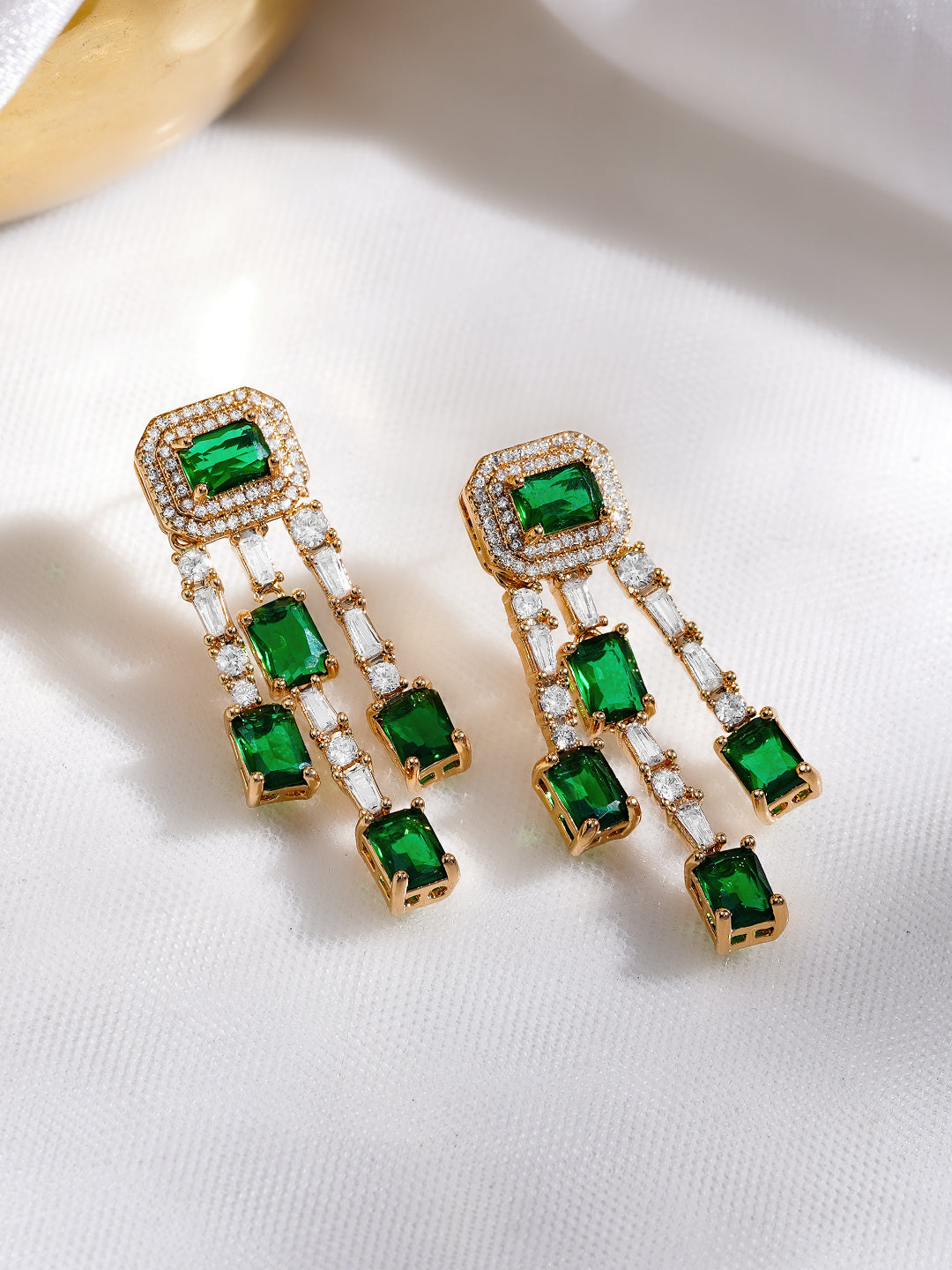 Rubans 18K Gold Plated Emerald Green & White Crystal AD Studded Statement Drop Earrings フリーサイズ