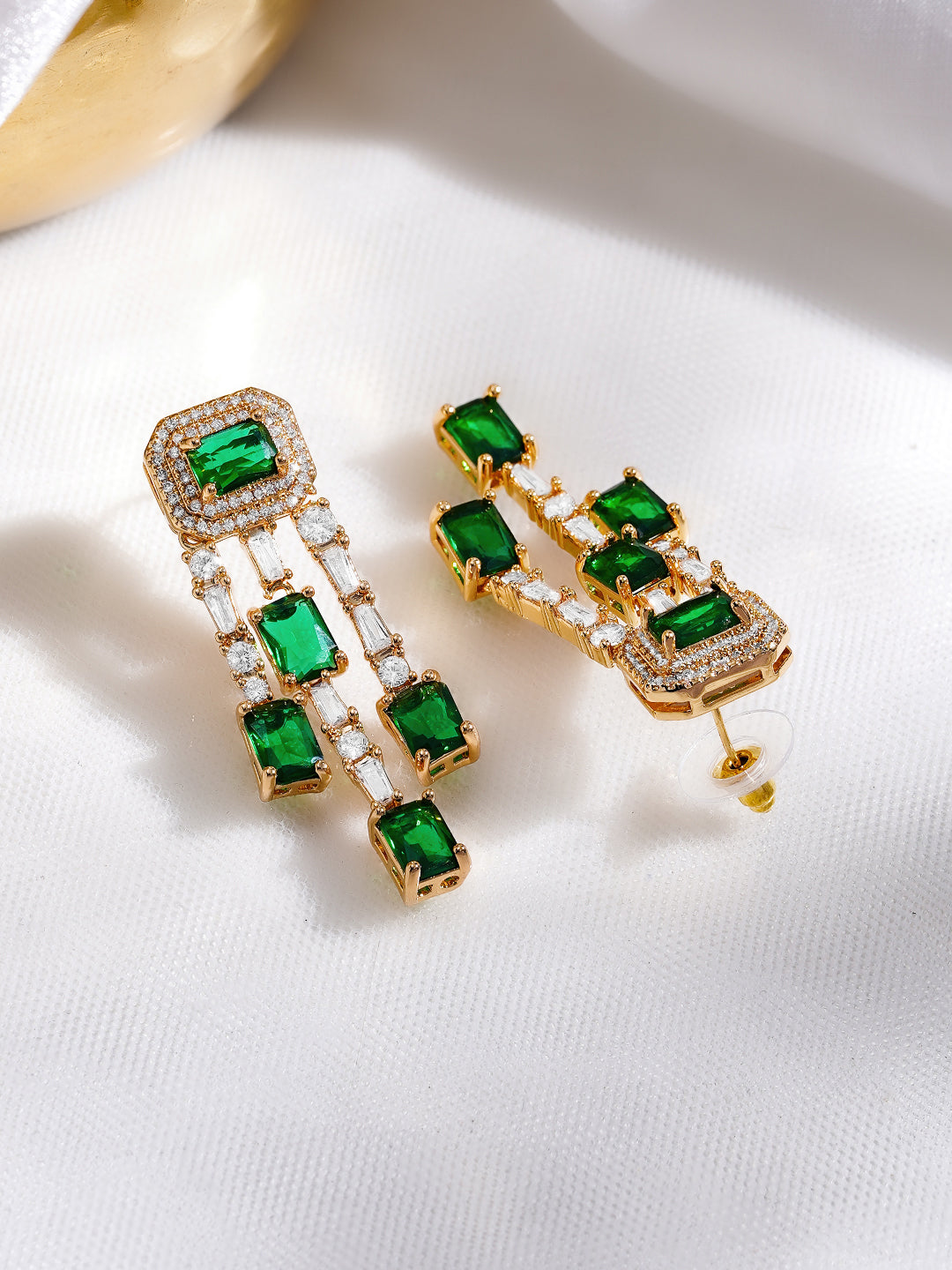 Rubans 18K Gold Plated Emerald Green & White Crystal AD Studded Statement Drop Earrings フリーサイズ