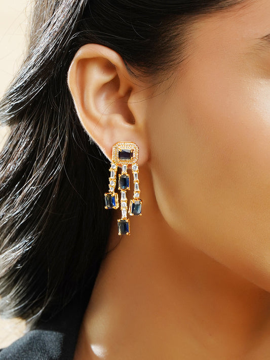 Rubans 18K Gold-Plated Blue & White Crystal AD Studded Statement Drop Earrings フリーサイズ