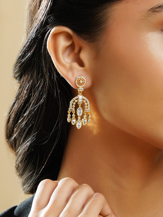 Rubans 18K Gold Plated Arch Chandelier Earrings with Marquise & Teardrop Cubic Zirconia フリーサイズ