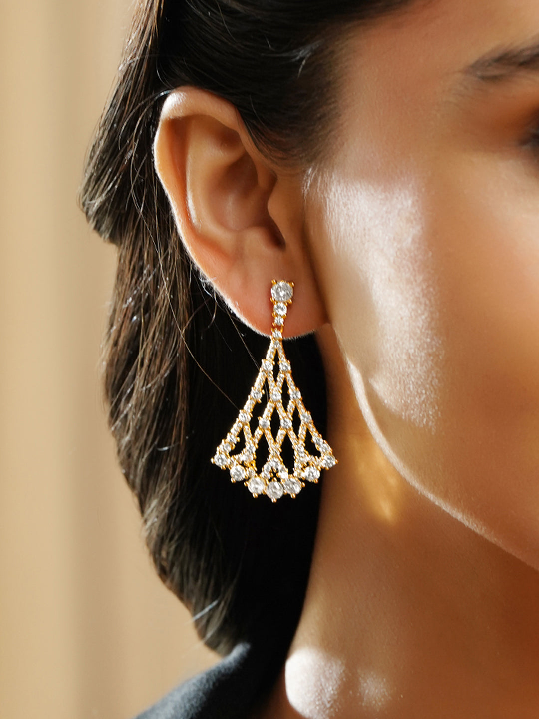 Rubans 18K Gold Plated Lattice Fan Design Cubic Zirconia Dangler Earrings フリーサイズ