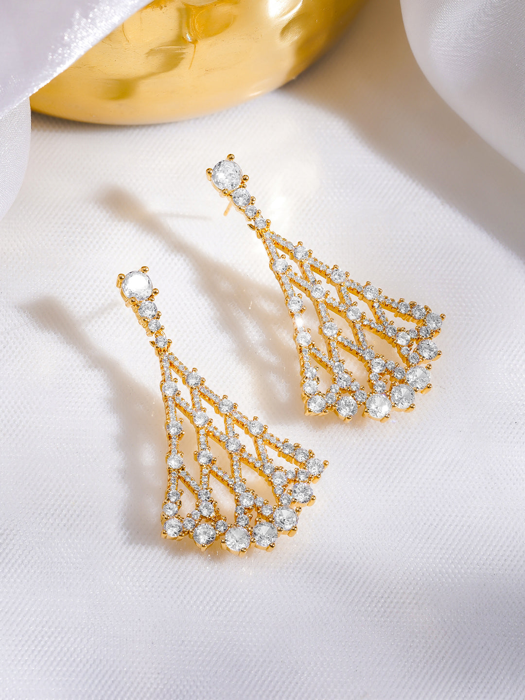 Rubans 18K Gold Plated Lattice Fan Design Cubic Zirconia Dangler Earrings フリーサイズ