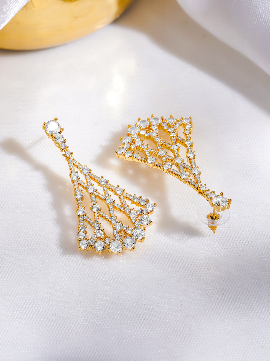 Rubans 18K Gold Plated Lattice Fan Design Cubic Zirconia Dangler Earrings フリーサイズ