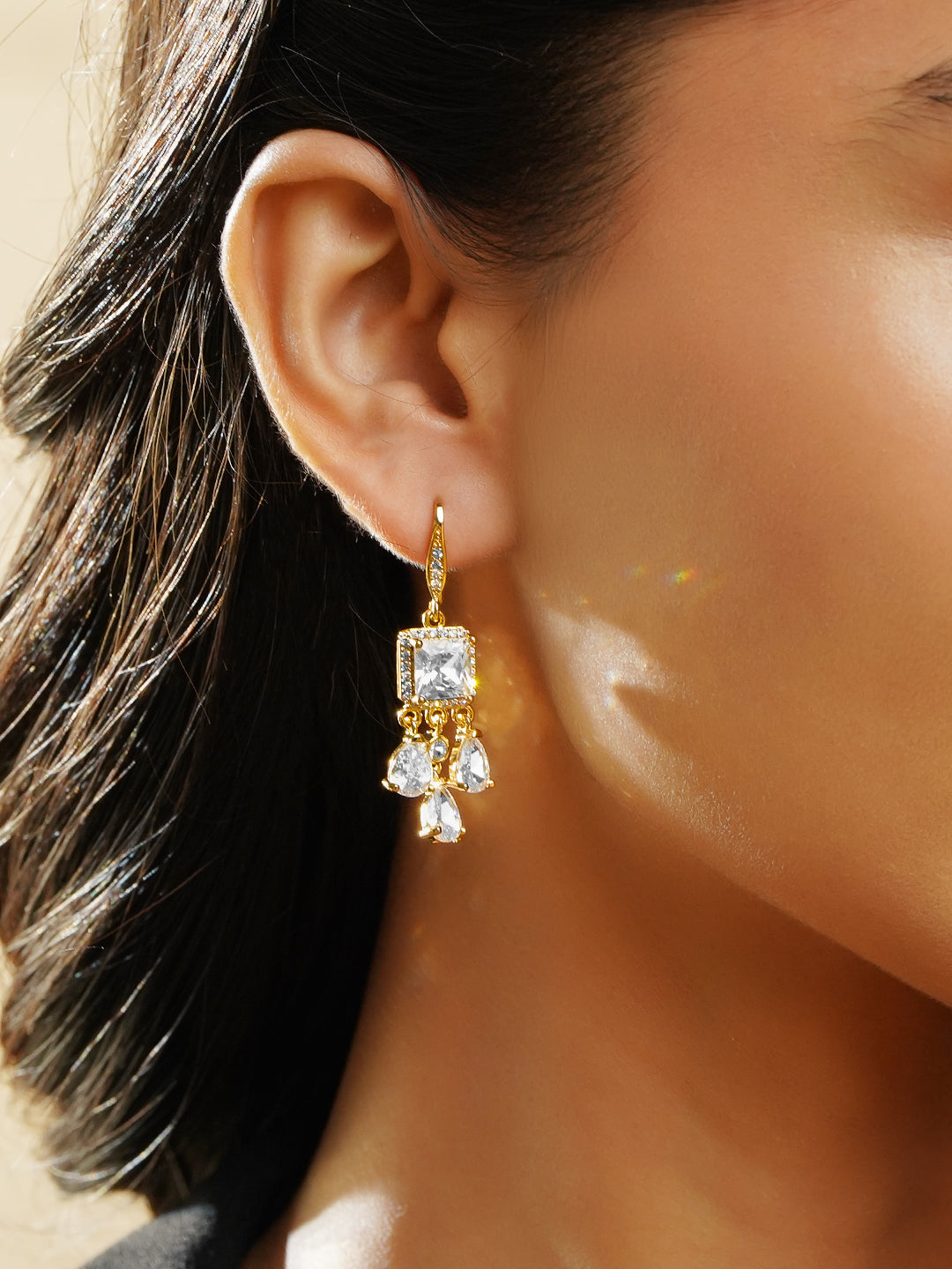 【Rubans】 18K Gold Plated Square & Pear Crystal Zirconia Stone Elegant Drop Earrings｜18K ゴールドメッキ スクエア＆ペア クリスタルジルコニア ドロップイヤリング