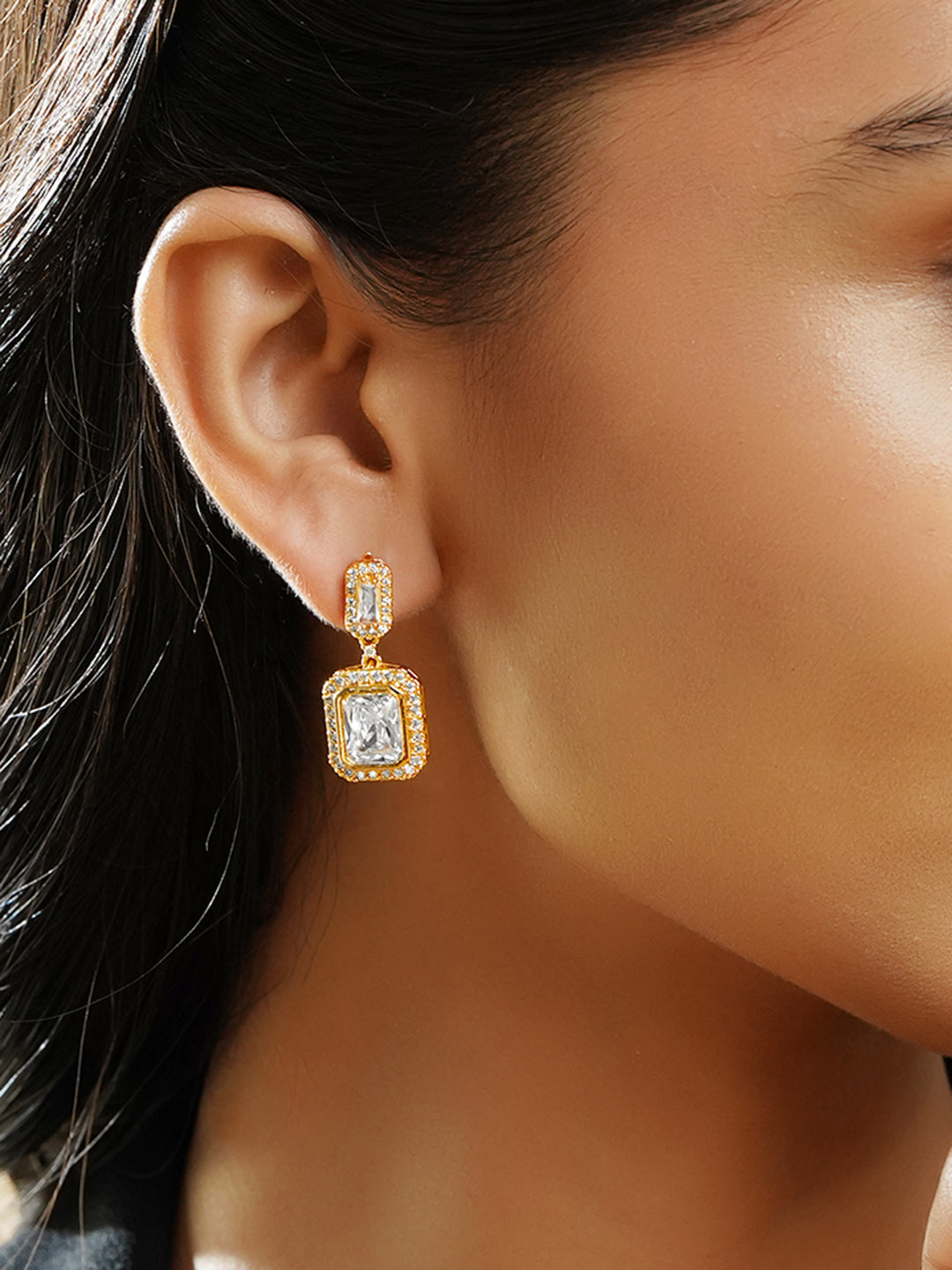 Rubans 18K Gold-Plated Drop Earrings with Crystal Cubic Zirconia Sparkling Stones フリーサイズ