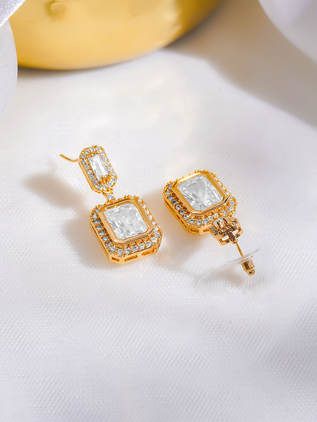 Rubans 18K Gold-Plated Drop Earrings with Crystal Cubic Zirconia Sparkling Stones フリーサイズ