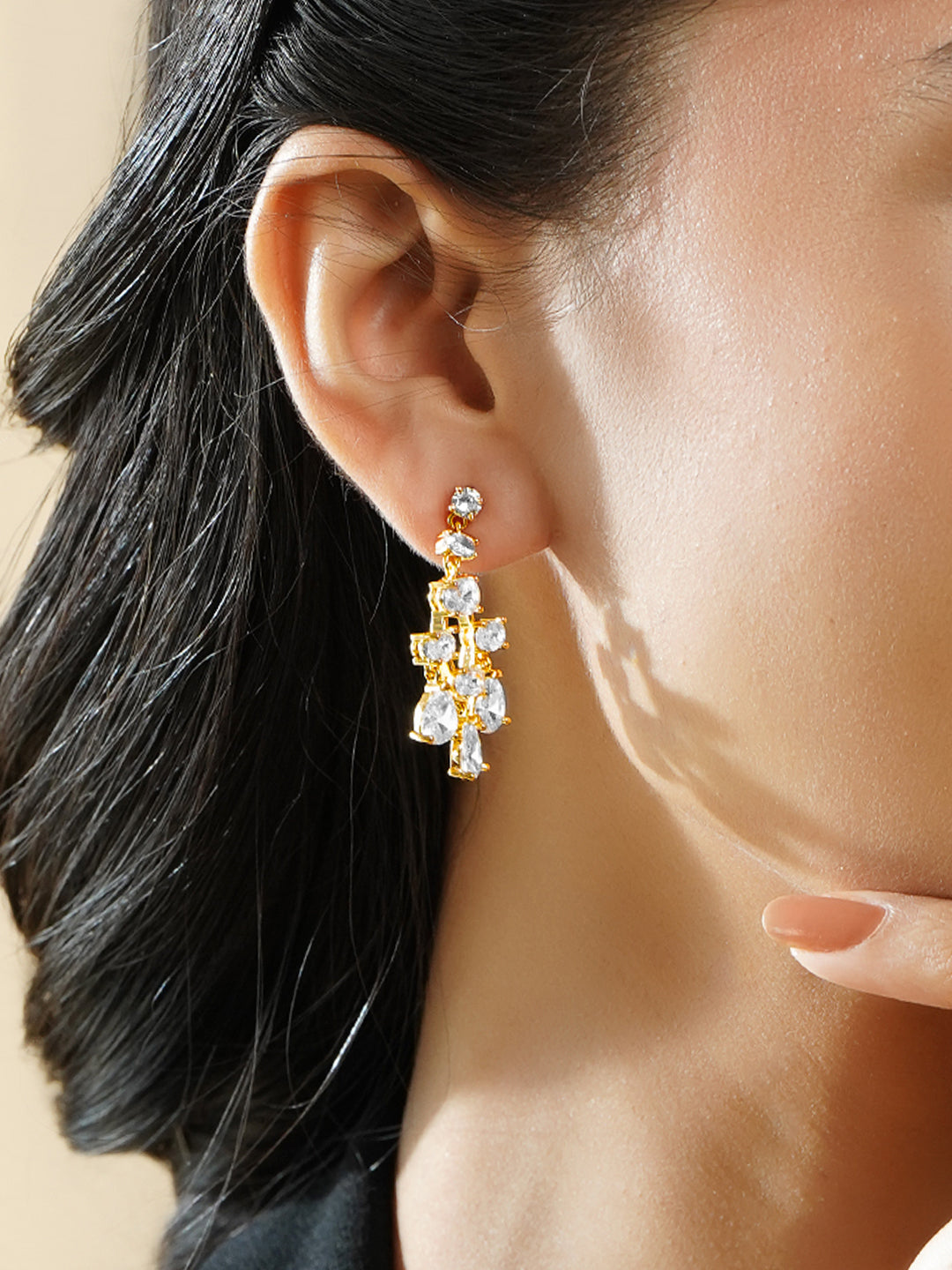 Rubans 18K Gold-Plated Clear AD Cluster Drop Earrings フリーサイズ