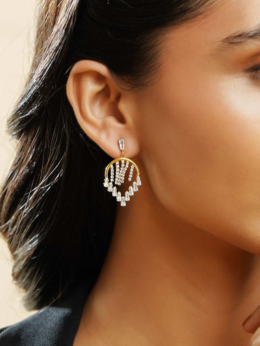 Rubans 18K Gold-Plated Brass Clear Cubic Zirconia Embellished Modern Drop Earrings フリーサイズ